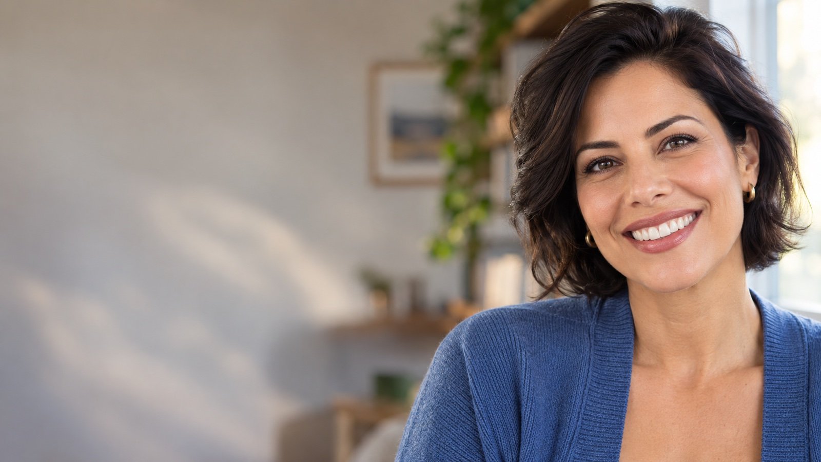Cena ilustrativa de mulher adulta sorrindo com expressão relaxada em casa