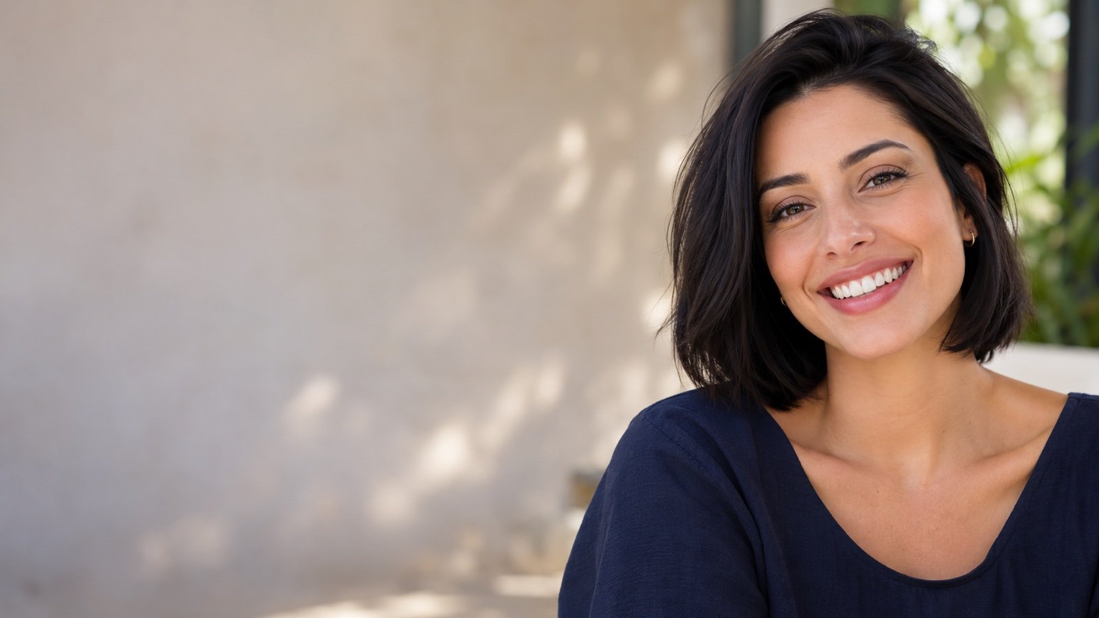 Cena ilustrativa de mulher adulta sorrindo em uma varanda