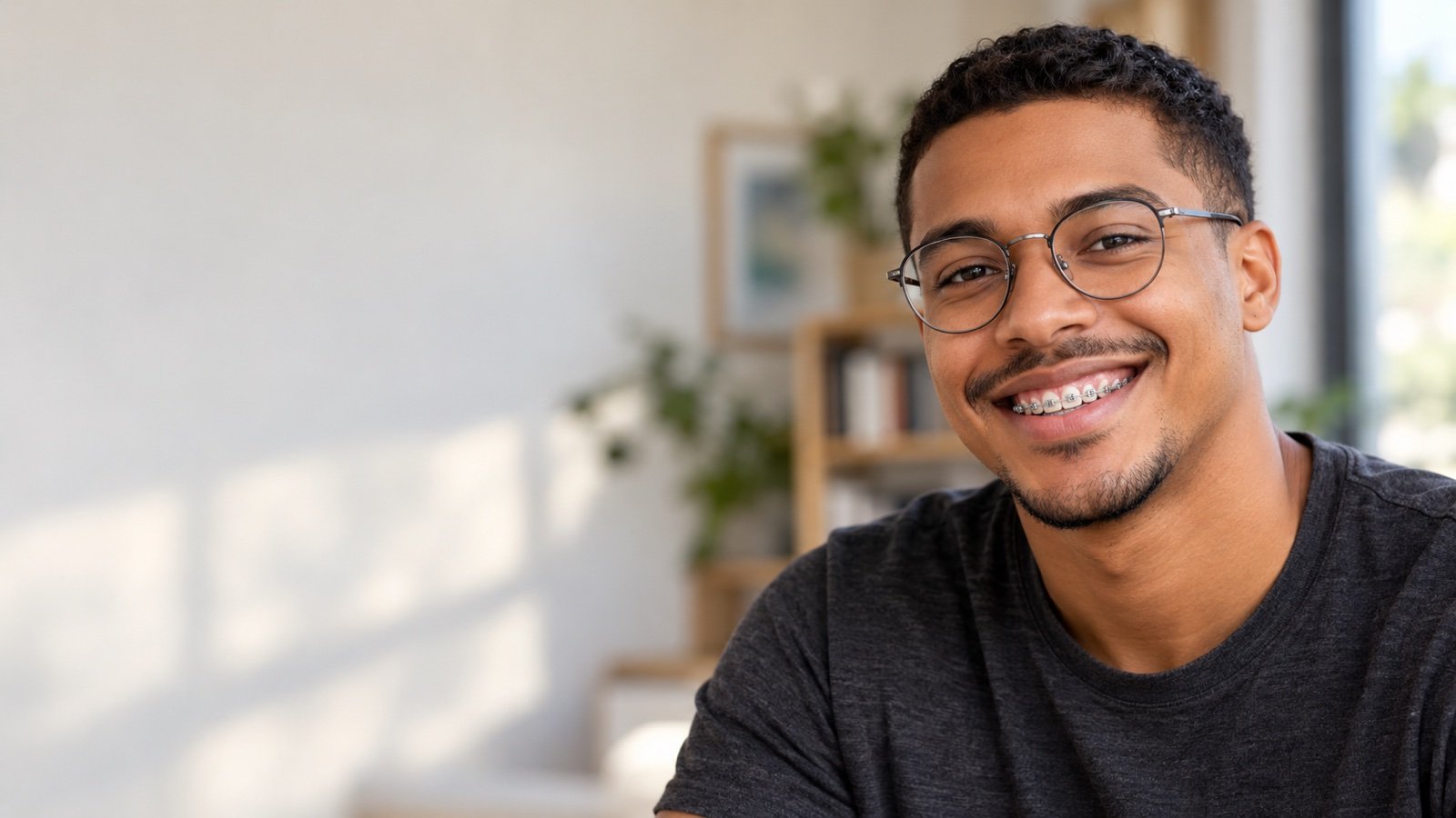 Cena ilustrativa de homem adulto com óculos e aparelho ortodôntico sorrindo em casa