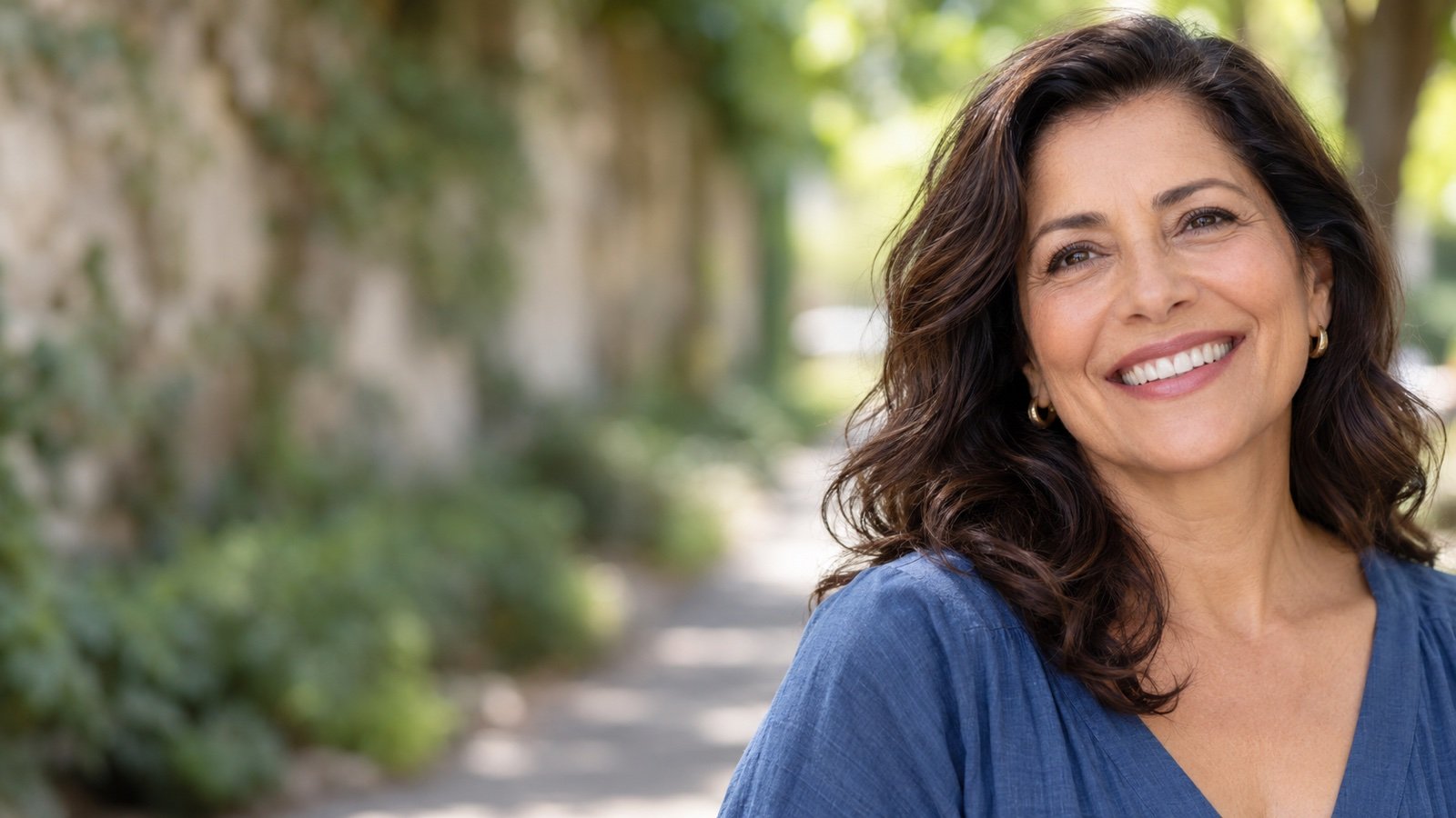 Cena ilustrativa de mulher adulta sorrindo em um passeio ao ar livre
